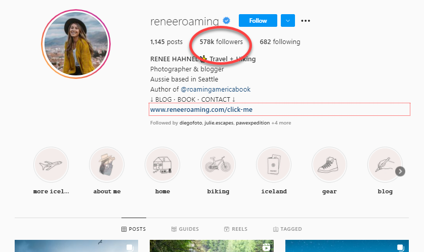 Snapshot of female Instagram influencer with red circle around her follower count.