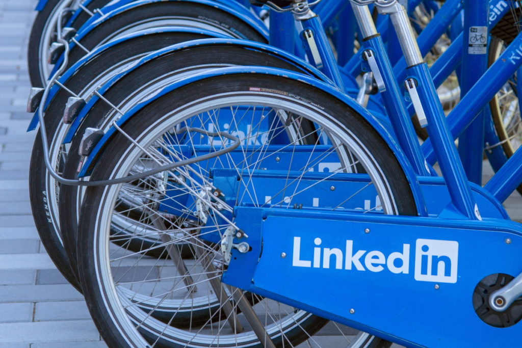 LinkedIn bicycles lined up and locked together.